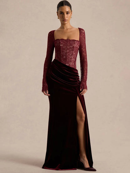 Mozision Lace Velvet Square-Neck Sexy Maxi Dress Women Elegant See Through Long Sleeve Backless Split Club Party Long...