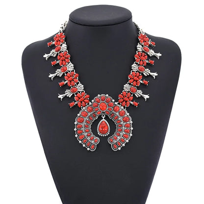 Navajo Indian Jewelry Set Costume Statement Red Turquoise Stone Resin Earrings and Western Squash Blossom Necklace for Women
