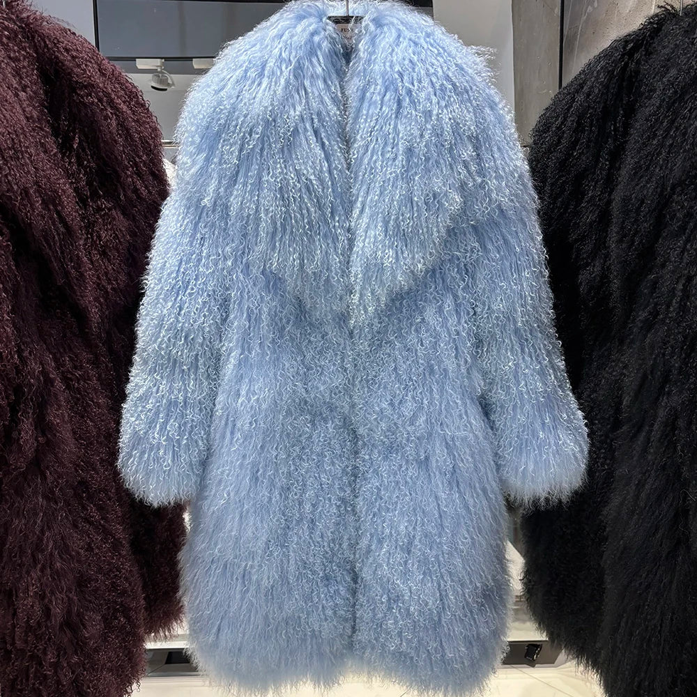 YOLOAgain 2025 Winter Warm Turn-Down Collar Real Mongolia Sheep Fur Jacket Long Women Plus Size 6XL Outerwear