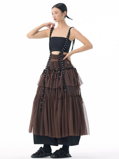 [EAM] High Elastic Waist Coffee Mesh Perspective Ribbon Strap Half-body Skirt Women Fashion Tide New Spring Autumn 2026 1DJ5044