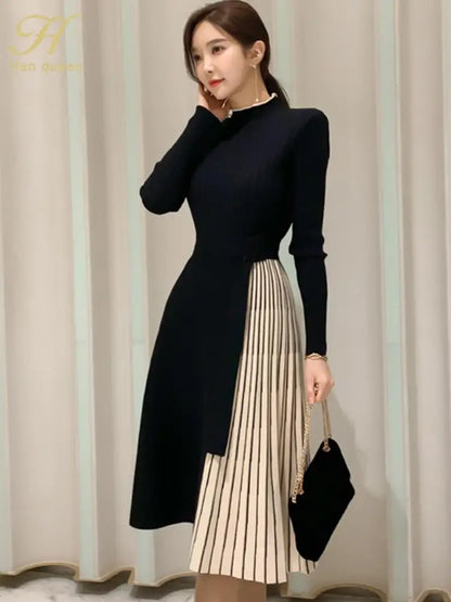 H Han Queen New Winter Elastic Knitted Dresses Women Color matching Lace-up Sweater Dress Fashion Slim Work Office Vestidos - Kimlud