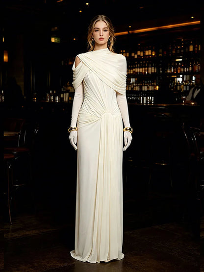 Sexy O Neck Mesh Covering Ruched Long Dress Women Beige Sleeveless Ruched Slim Dresses Celebrity Maxi Evening Party Club...