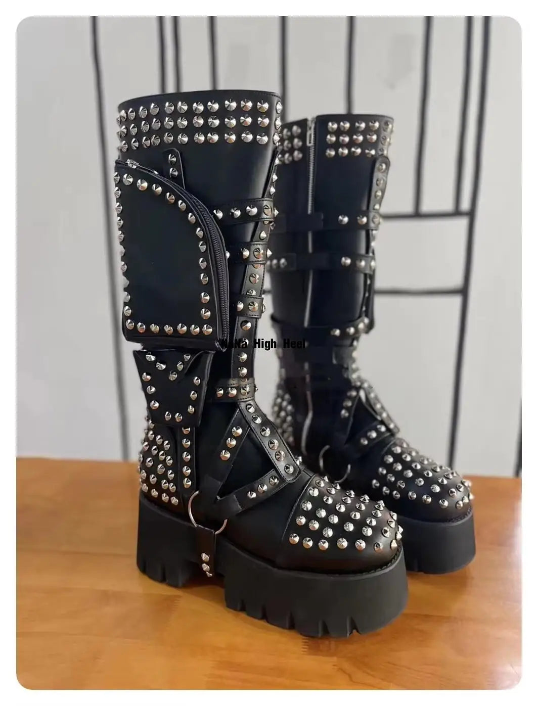 Black Pocket Round Toe Knee-High Platform Women Boots With Rivet Chunky High Heels Slip On Design Large Size Customized Shoes - Kimlud