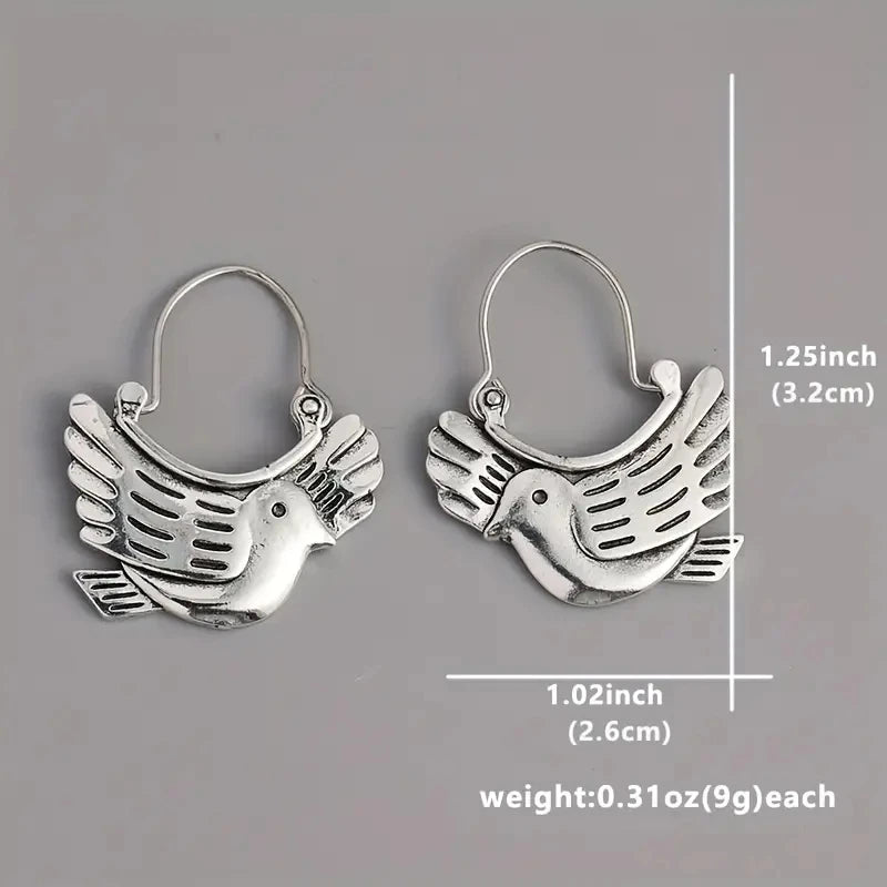 Ethnic Style Earrings for Women Bird Animal Silver Color Grave Metal Inlaid Dangle Earrings Jewelry Trendy Female Gift