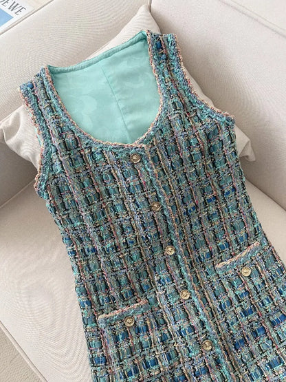 2025 New French Lady Blue Green Tweed round Neck Single Button Small Fragrance Style Jacket Vest Dress Set Casual Suit