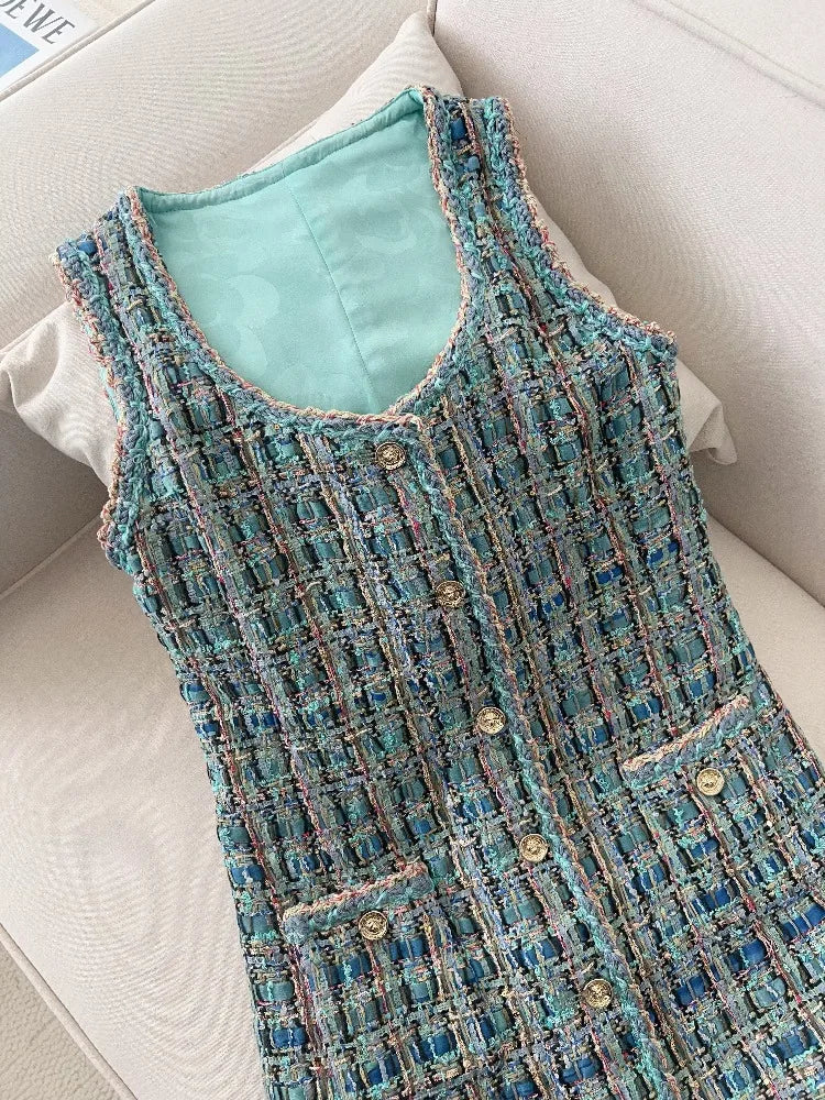 2025 New French Lady Blue Green Tweed round Neck Single Button Small Fragrance Style Jacket Vest Dress Set Casual Suit