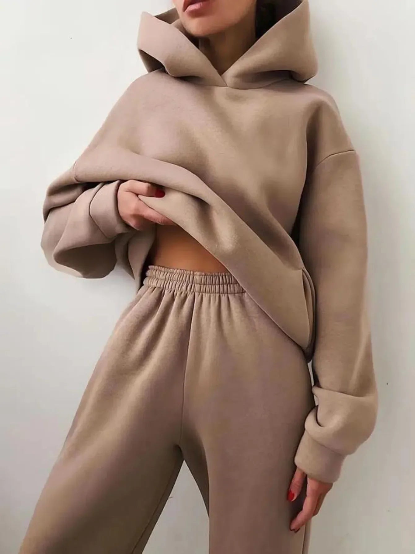 Women's Tracksuit Casual Solid Long Sleeve Hooded Sport Suits Autumn Warm Hoodie Sweatshirts and Long Pant Fleece Two Piece Sets