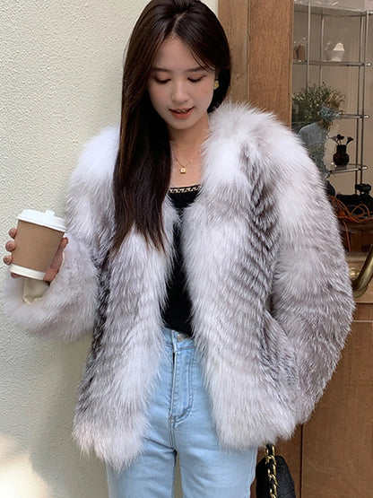 2025 New Imported Silver Fox Young Style Fox Fur Korean Style Fur Coat Women's Short Style Small Clip leather craft