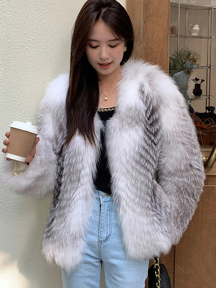 2025 New Imported Silver Fox Young Style Fox Fur Korean Style Fur Coat Women's Short Style Small Clip leather craft