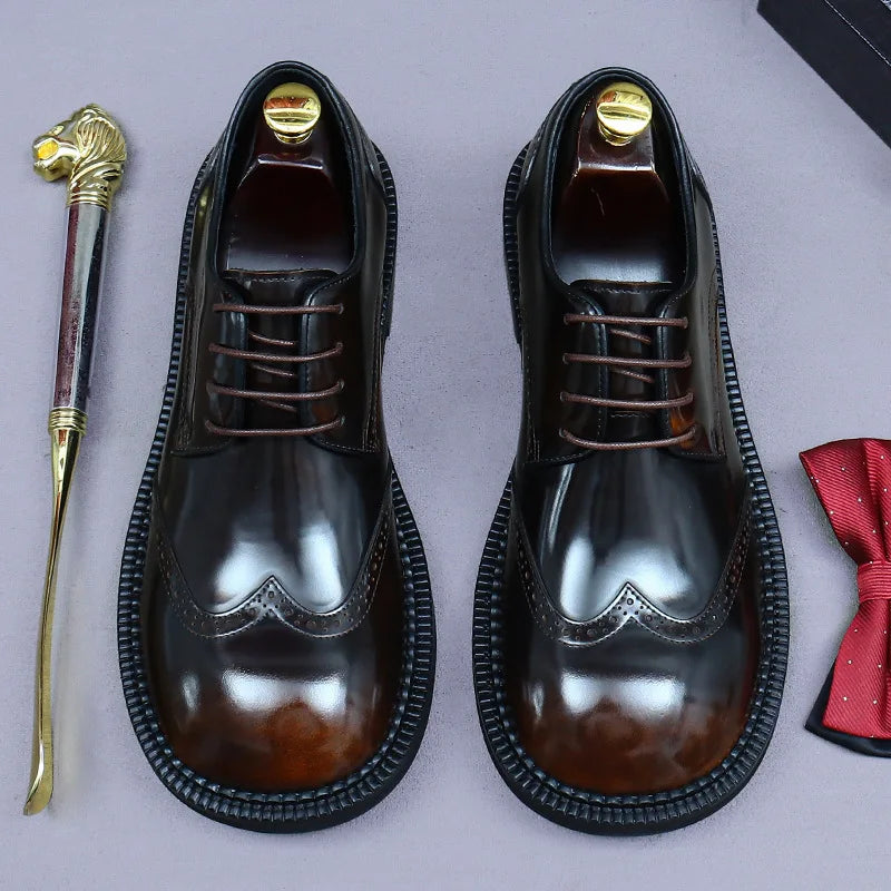 Retro Mens Dress Brogues Shoes Luxury Genuine Leather Round Toe Handmade Fashion Flat Brown Black Wedding Social Shoes Man