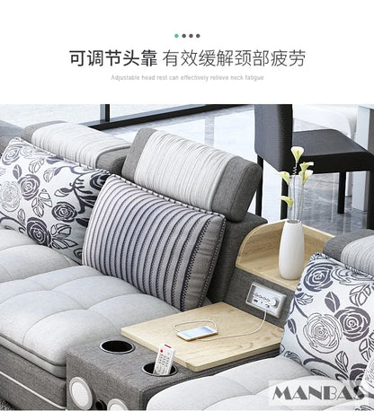 MINGDIBAO Nordic Fabric Sofa Set with Bluetooth Speaker & USB - Modern Living Room Modular Sofas Big U Shape Corner Cloth Couch - Kimlud