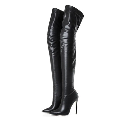 Back Zipper Slim Leg Thigh Boots For Woman 2025 New Pointed 12CM Thin High Heels Glossy Leather Black Over The Knee Women Boots