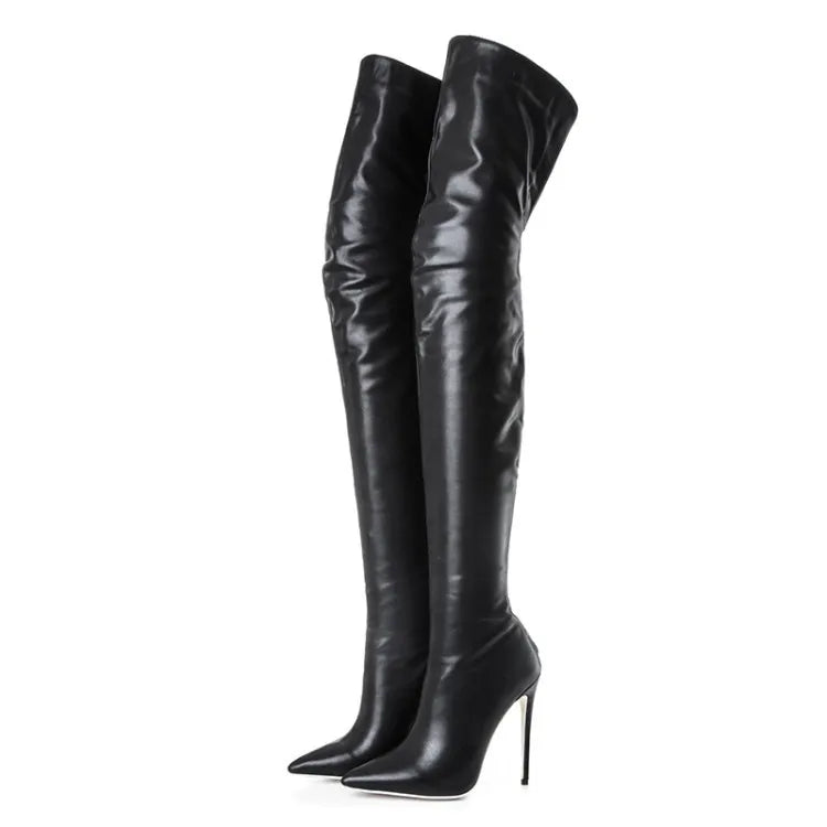 Back Zipper Slim Leg Thigh Boots For Woman 2025 New Pointed 12CM Thin High Heels Glossy Leather Black Over The Knee Women Boots