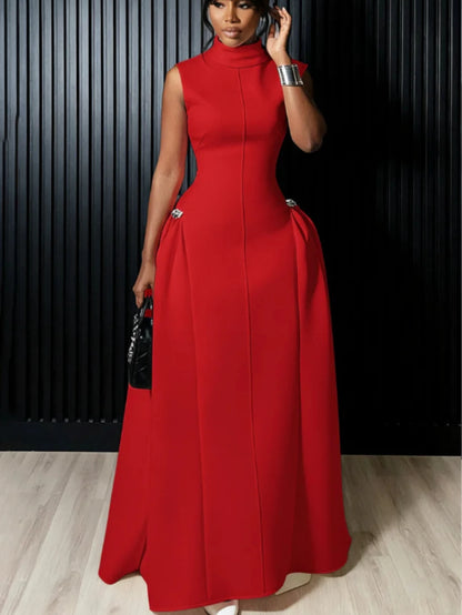 Women High Neck Sleeveless Fitted Floor Length Maxi Dress With Side Flared Detail For Formal Gala Wedding And Evening...