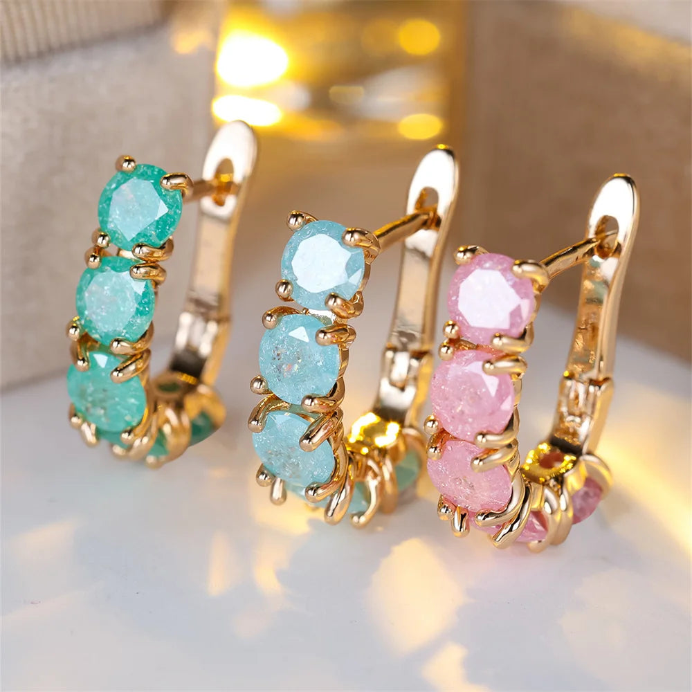 Green Pink Aqua Blue Ice Flower Zircon Hoop Earrings For Women Vintage Gold Color Wedding Jewelry Christmas Gifts |...