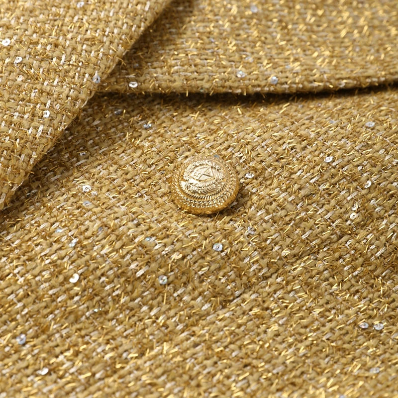 Elegant Paillettes Blazer Coat Women Lapel Doube-breasted Fake Pocket Slim Jackets Lady 2025 Autumn Winter Streewear Female New