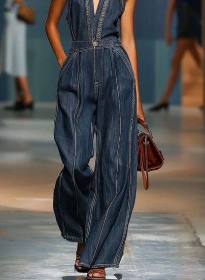 Women's Halter Neck Faux Denim Jumpsuit Sleeveless Deep V-Neck Wide Leg Denim Romper Vintage Inspired Retro Overalls |...