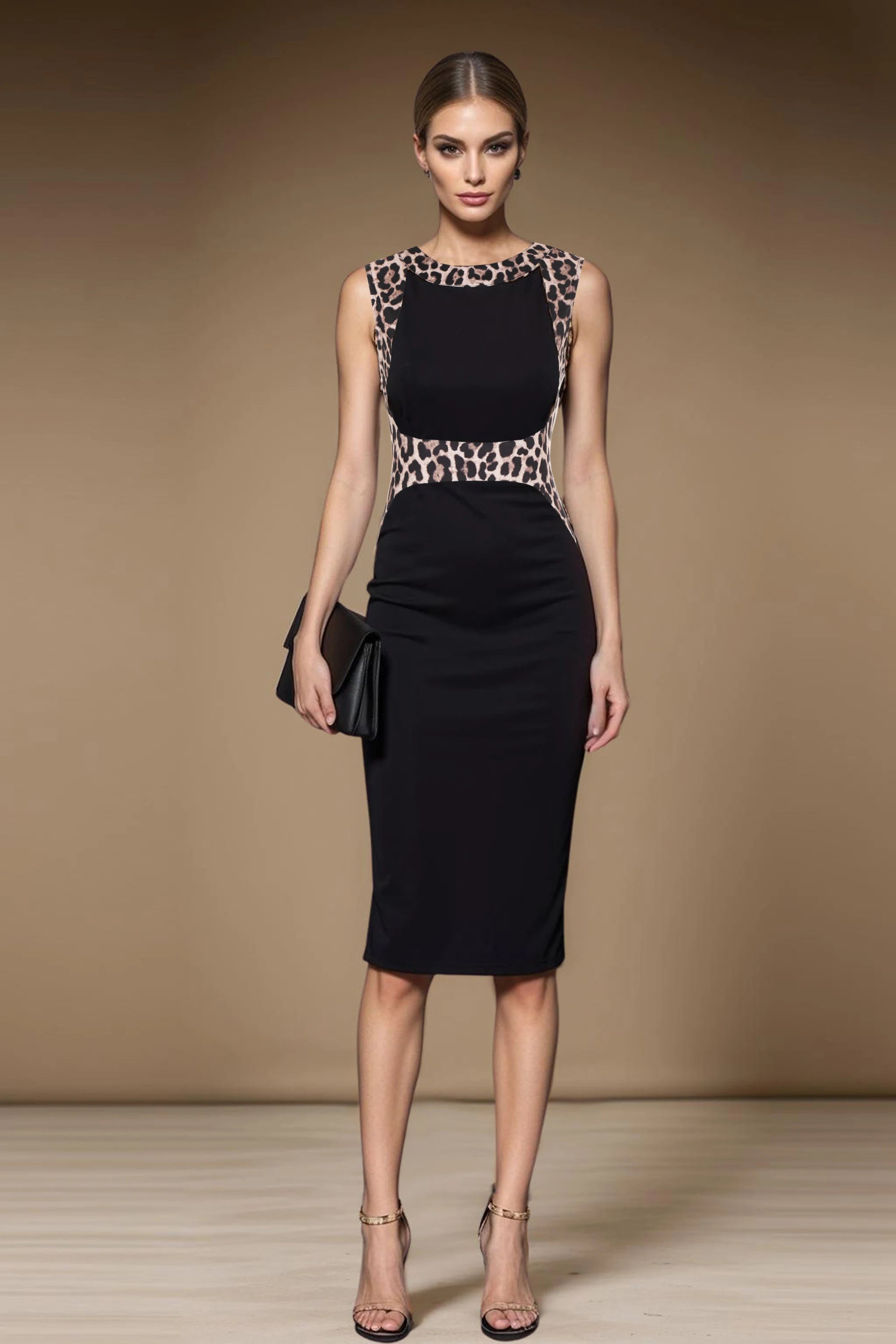 Womens Leopard Patchwork Crew Neck Sleeveless Cocktail Knee Length Business Casual Party Summer Pencil Bodycon Sheath Dress - Kimlud
