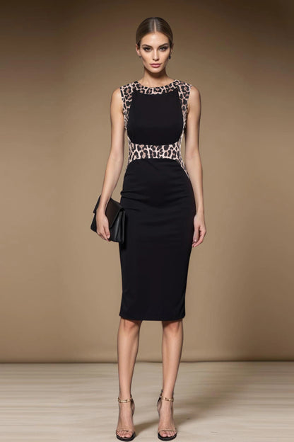 Womens Leopard Patchwork Crew Neck Sleeveless Cocktail Knee Length Business Casual Party Summer Pencil Bodycon Sheath Dress - Kimlud