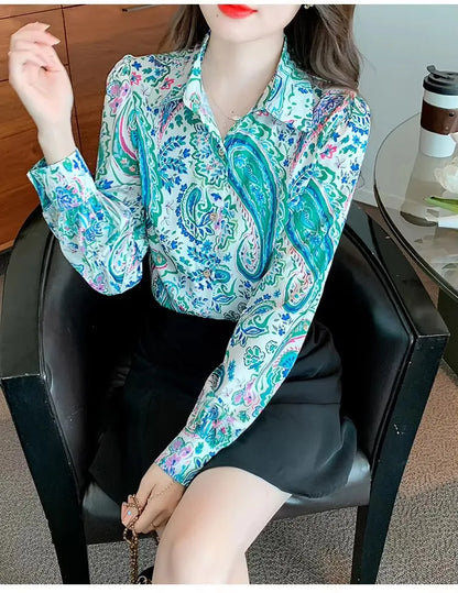 Women Chiffon Shirts Elegant Work Casual Tops Spring Summer Sweet Long Sleeve Love Heart Print Pattern Office Lady Blouse Shirts