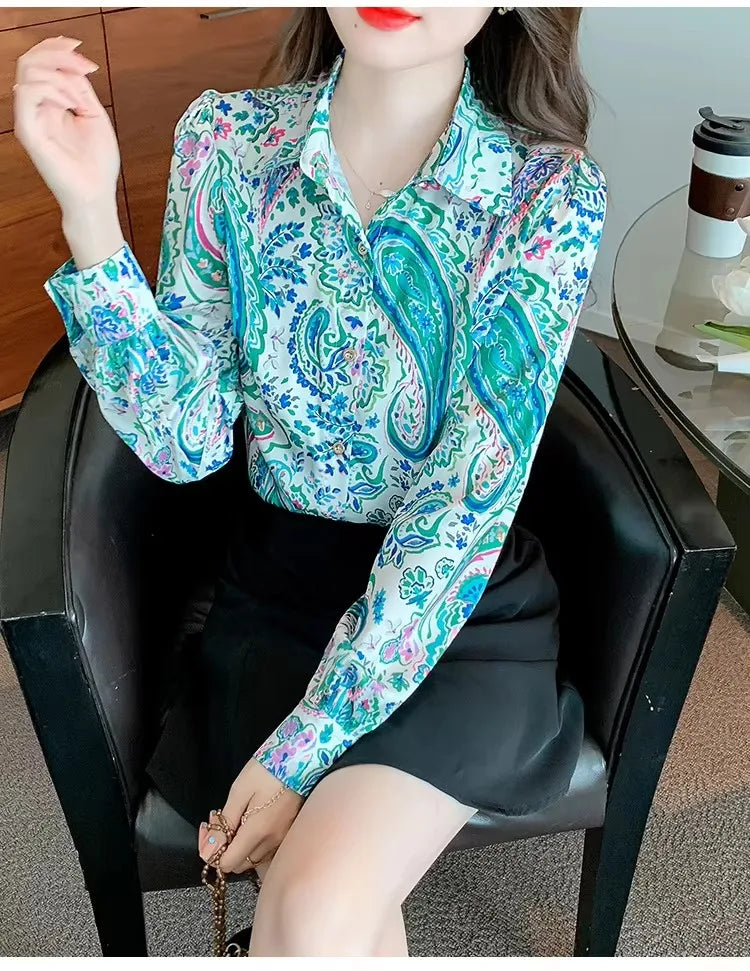 Women Chiffon Shirts Elegant Work Casual Tops Spring Summer Sweet Long Sleeve Love Heart Print Pattern Office Lady Blouse Shirts