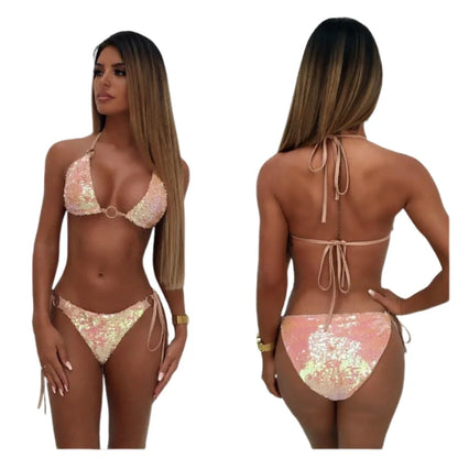 Solid Bikini Sexy Swimsuit Halter Swimwear Bathing Suit Women Bling Sequin Bikini Set Beach Wear Dropshipping Monokini...