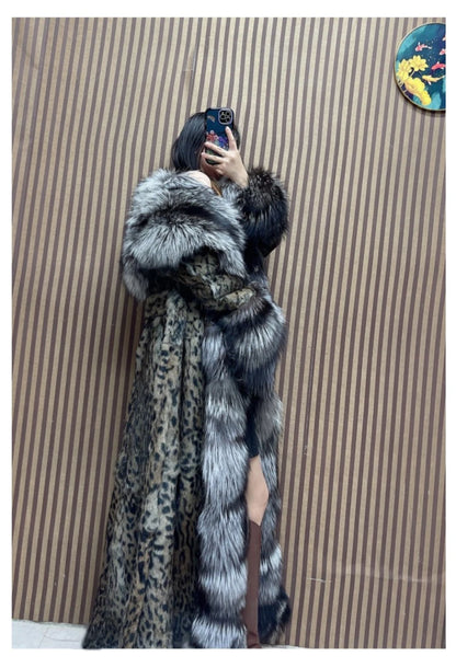 120cm Length Women's Genuine Rabbit Fur Coat Fox Fur Hooded Long Jacket Luxury Overcoats