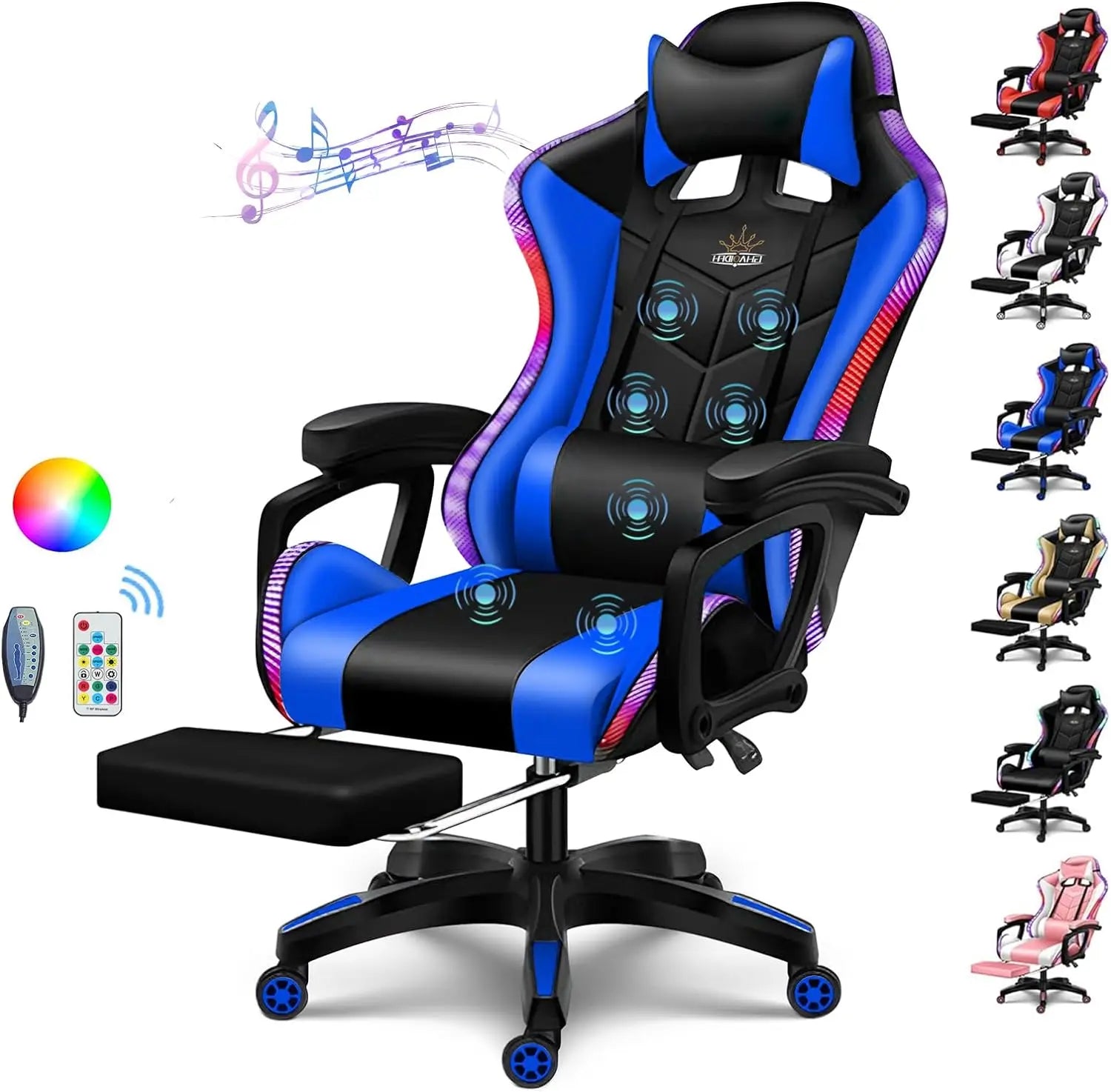 Gaming Chair with Speakers and RGB LED Light, 7 Points Massage Video Game Chair Adjustable with Headrest & Lumbar Support