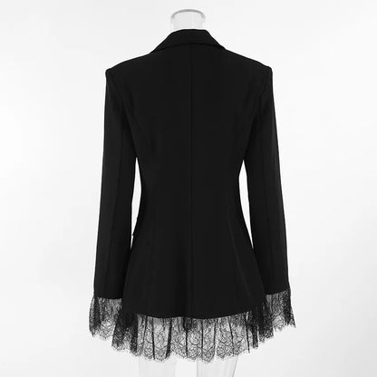 2025 Autumn and Winter New Fashion Black Small Suit Solid Jacket Design Sense Lace Splicing Commuting Long Sleeved Top Coat