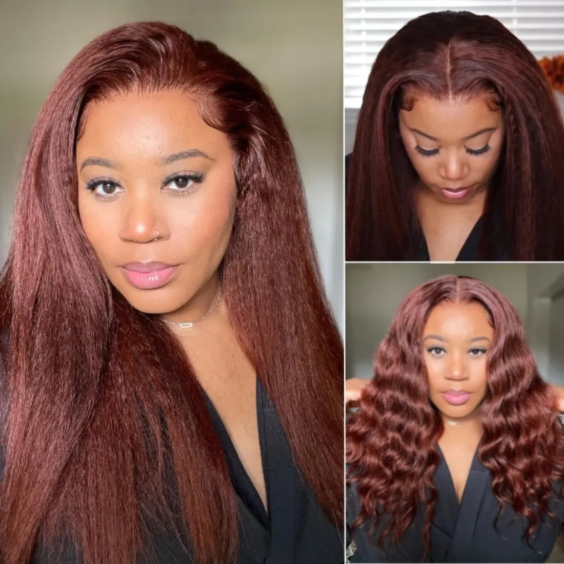 13X4 Reddish Brown Kinky Straight Lace Frontal Wig Human Hair Auburn Copper Yaki Straight 4x4 Transparent Lace Closure...