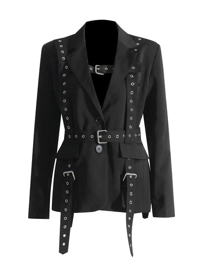 Women's Solid Color Temperament Suit Jacket 2025 Autumn Notched Single Breated Belted Slim Biker Motor Style Casual Blazer