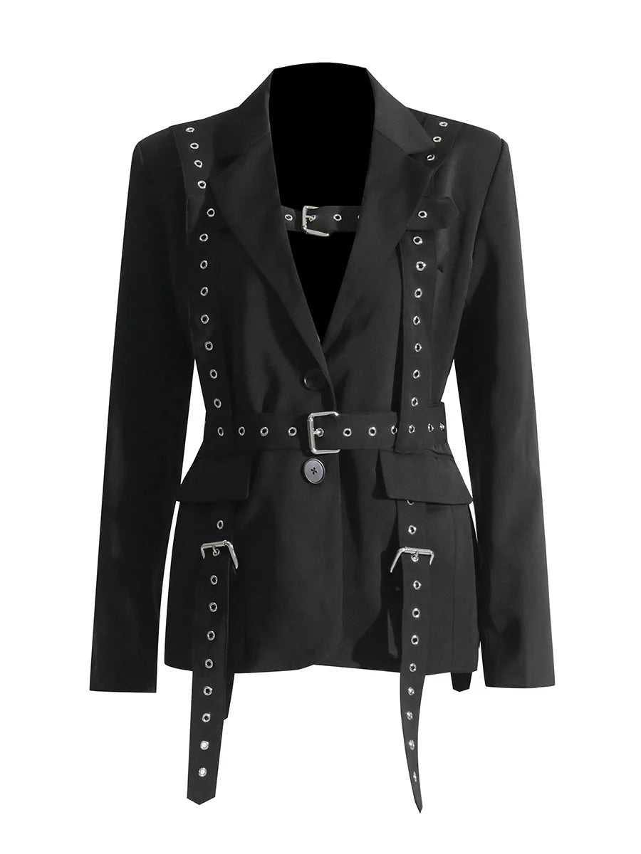 Women's Solid Color Temperament Suit Jacket 2025 Autumn Notched Single Breated Belted Slim Biker Motor Style Casual Blazer