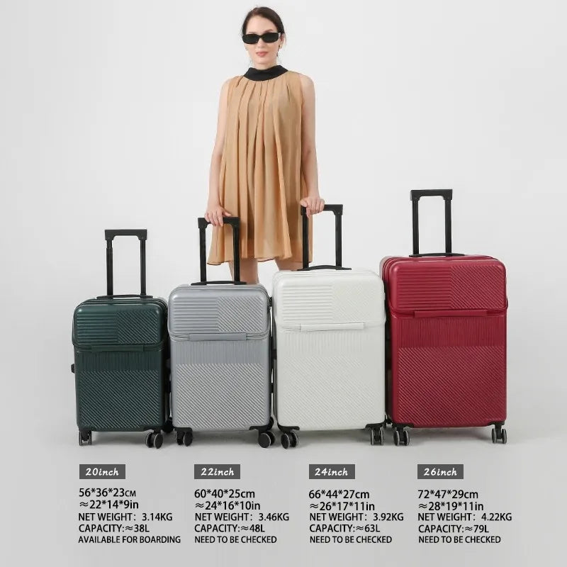 Front Opening Pocket Suitcase Travel Rolling Luggage Aluminum Alloy Trolley ABS+PC Case Bag with Spinner Wheel USB Charging Port