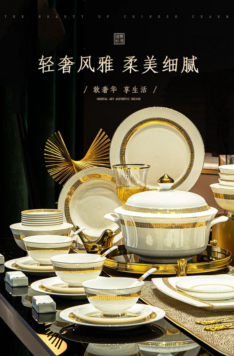 Fine Bone China Dinnerware Sets Home Kitchen Luxury Guests Wedding Tableware Set Gold Plates Jogo De Jantar Dinnerware Sets
