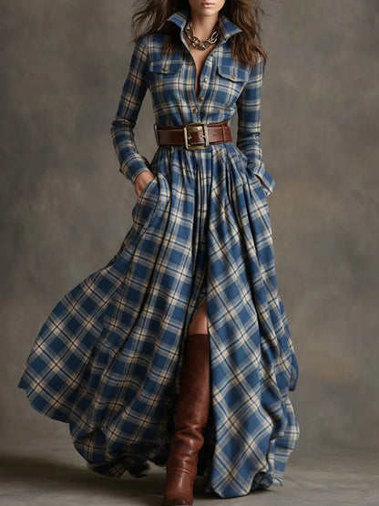 Plaid with Belt Retro Long Dress Lapel Button Irregular A Line Skirts Long Sleeve Casual Women's Dresses Autumn Elegant Clothes