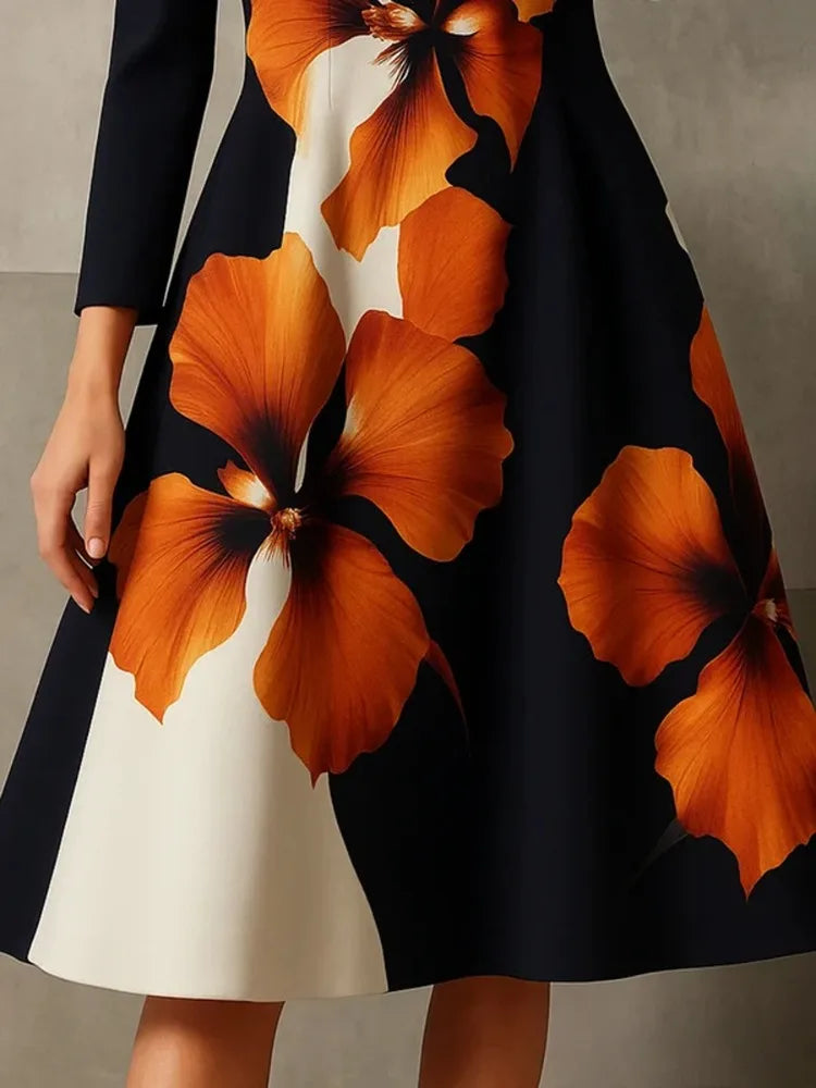 Yeezzi Women's Elegant Stand Collar A-Line Party Dress 2026 New Vintage Floral Printed Midi Dresses For Evening Office...