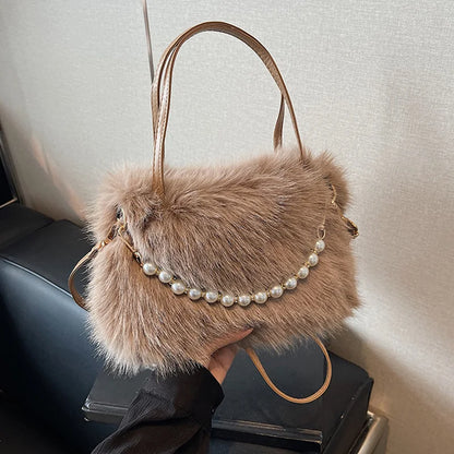Candy Color Pearl Handle Women's Plush Crossbody Bag Portable Female Furry Handbags Winter Fashion Casual Shoulder Bags
