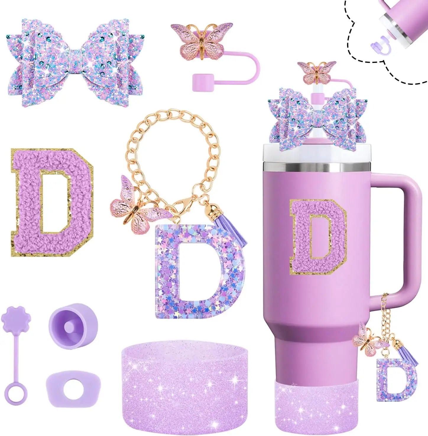 8pcs Cup Accessories Set for Stanley Cup 30oz 40oz tumbler Straw Topper Cover, Boot, Spill Proof Stoppers, Handle Charms Sticker