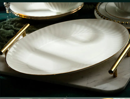 Bowl and dish set bone china tableware set bowl Jingdezhen light luxury simple hand drawn gold ceramic bowl and chopsticks plate - Kimlud