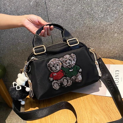 2025 New Fashion Women Handbag Summer Multi Pocket Shoulder Bag Waterproof Oxford Rhinestone Bear Sac