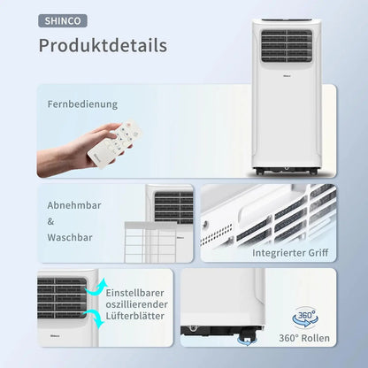 Shinco Mobile Air Conditioner, 7000 BTU, 2.05 kW, 3-in-1 Air Conditioning, Cooling & Ventilating & Dehumidifying, Mobile...