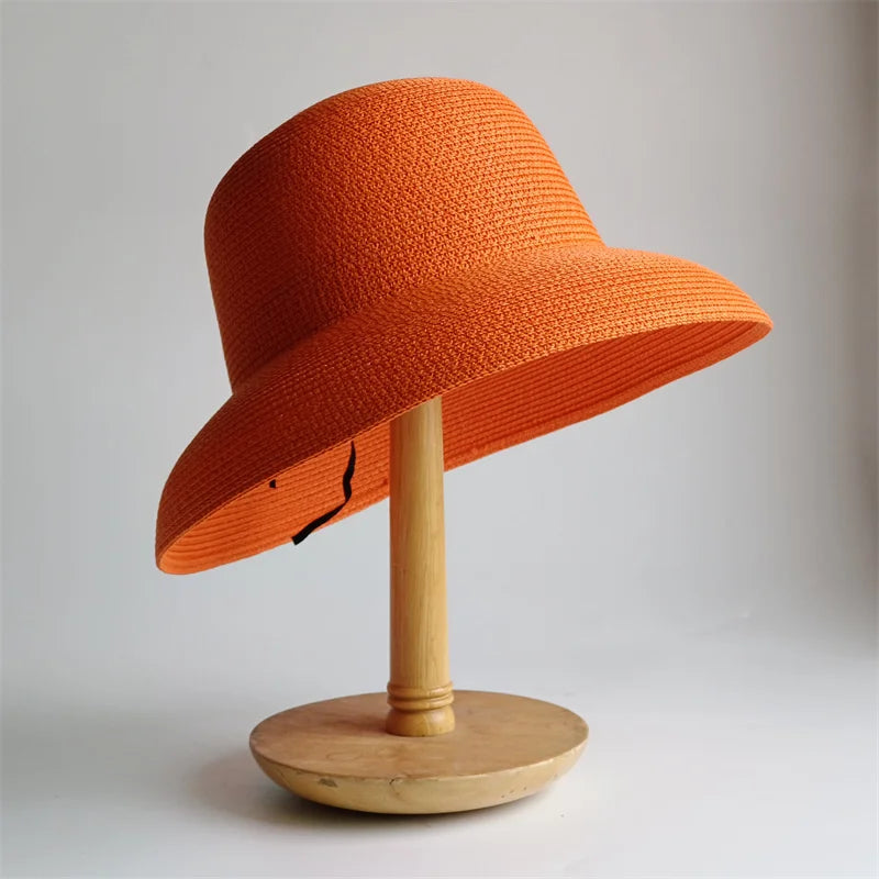 New Summer Sun Hats Ladies Solid Plain Elegant Wide Brim Hat Female Round Top Panama Floppy Straw Beach Hat Women |...