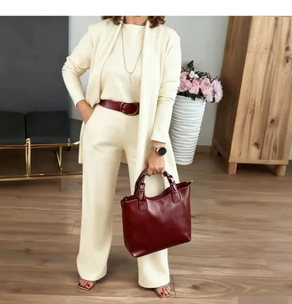 Pant Set Women Three Piece Sets Round Neck Full Sleeve Tops Mid Length Coats Wide Leg Long Pants High Waist Y2k Work 2025