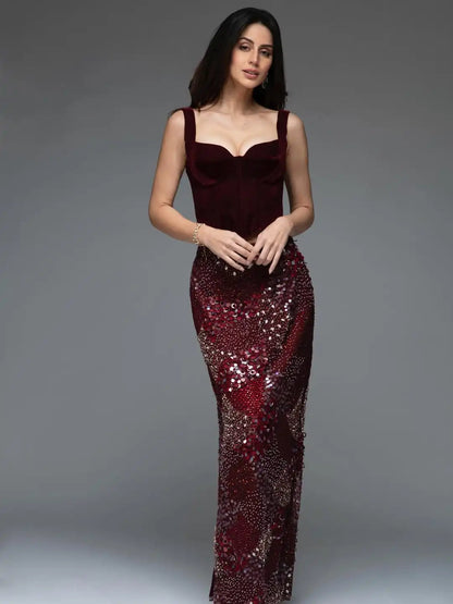 Ofherown New Burgundy Two-Piece Evening Dress Velvet Corset Top Sequin Beaded Mermaid Skirt Formal Prom Gown for Gala Party Prom
