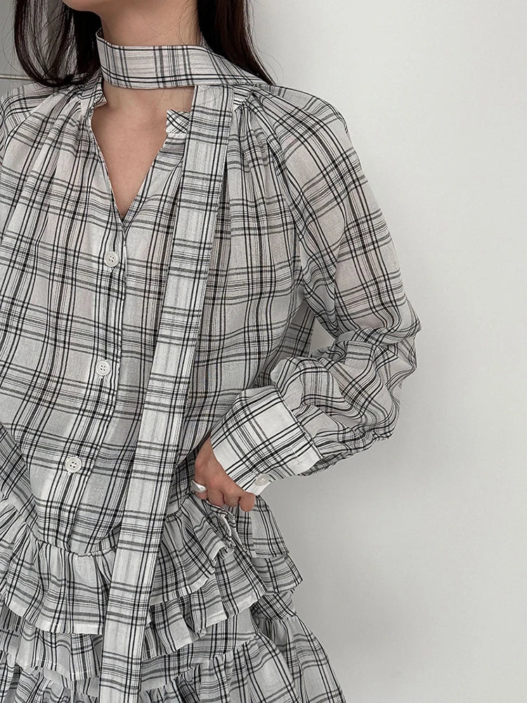 [EAM] Women Black Plaid Ruffles Big Size Elegant Blouse New V-neck Long Sleeve Shirt Fashion Tide Spring Autumn 2026...