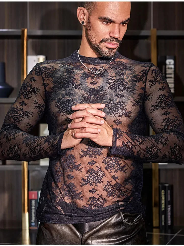 Lace Mesh Sheer See Through T-shirts for Men High Elastic Tight Thin Breathable Comfortable Tops Long Sleeves Fashion Blouse - Kimlud