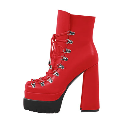 Onlymaker Double Platform Punk Boots Side Zipper Lace-up Fashion Matte Ankle Boots