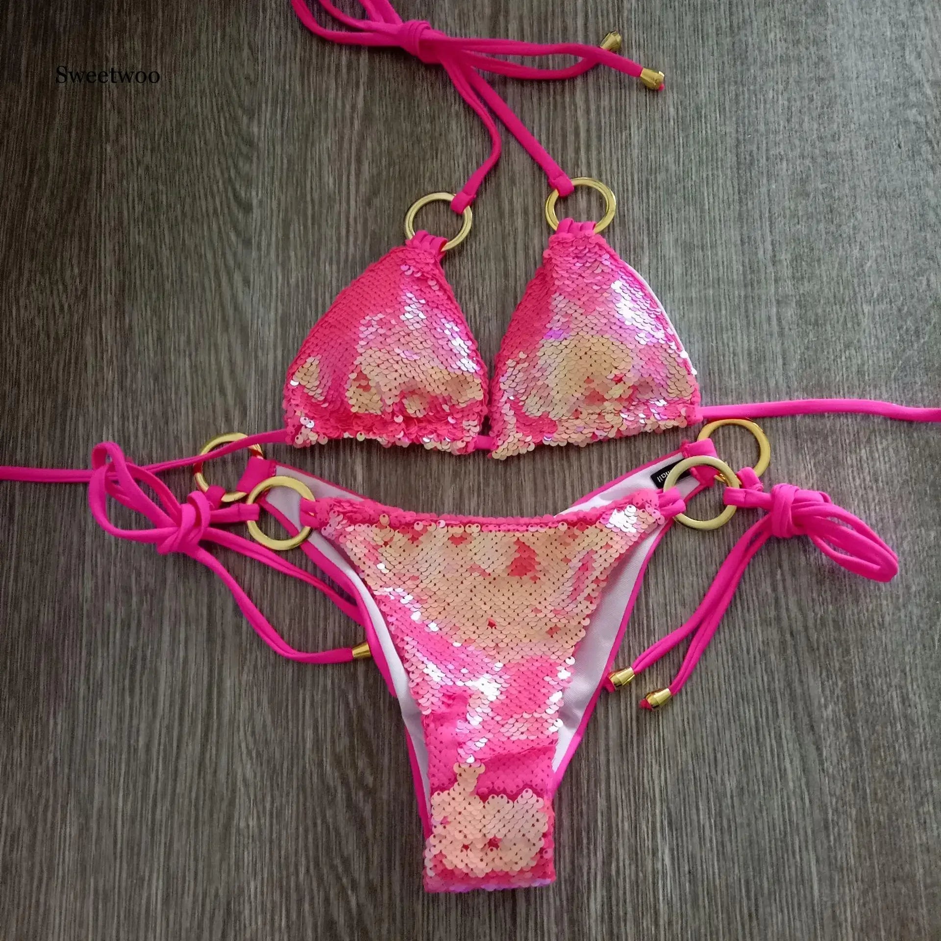 Solid Bikini Sexy Swimsuit Halter Swimwear Bathing Suit Women Bling Sequin Bikini Set Beach Wear Dropshipping Monokini...