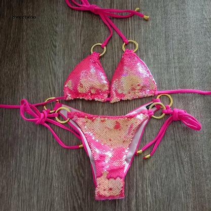 Solid Bikini Sexy Swimsuit Halter Swimwear Bathing Suit Women Bling Sequin Bikini Set Beach Wear Dropshipping Monokini...