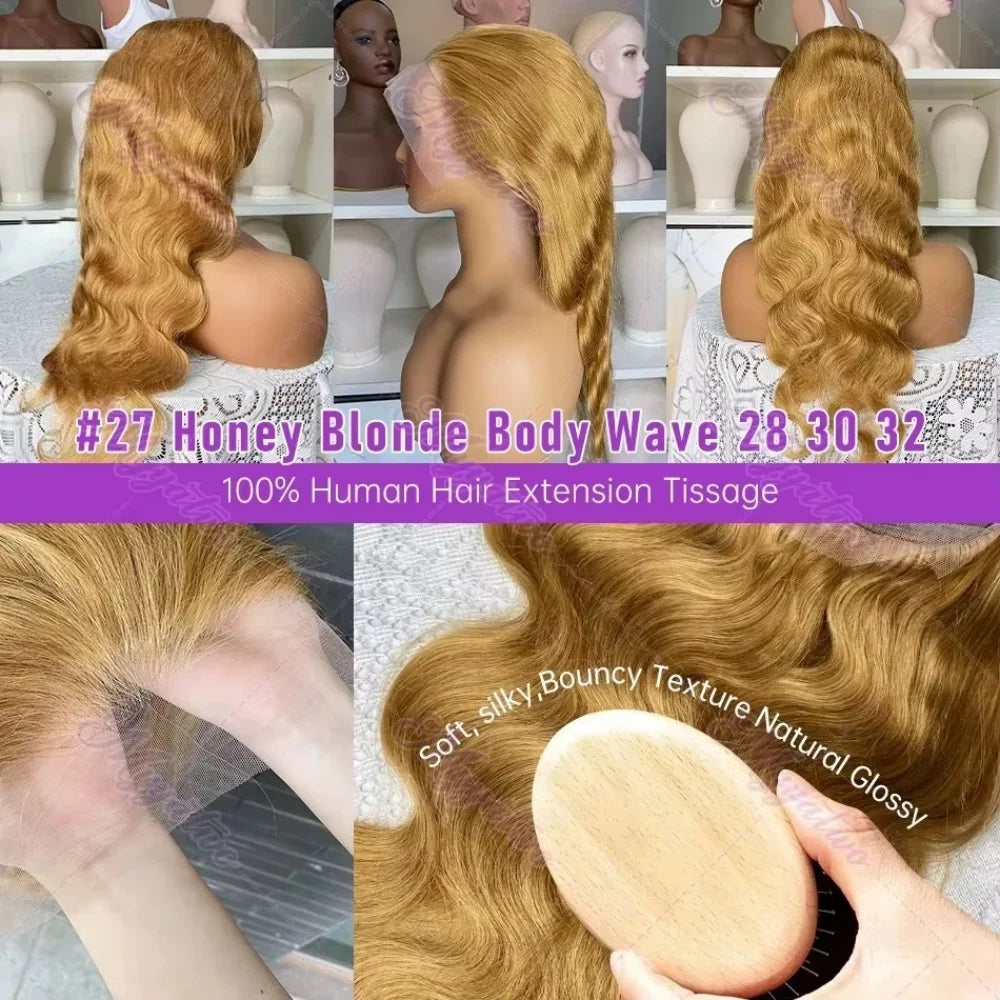 Honey Blonde #27 Body Wave Human Hair Wigs 13x6 13x4 Lace Front Wig HD Transparent Lace Frontal Pre Plucked Long Hair...